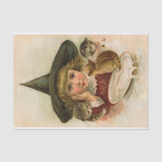 vintage Halloween cutie with kittens Tissue Paper (Front)