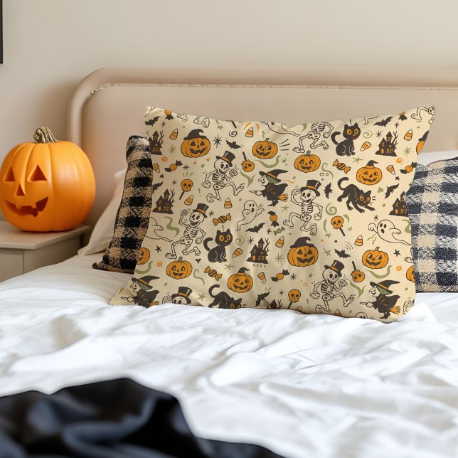 Vintage Halloween Dancing Skeletons Retro Cartoon Accent Pillow (Retro Halloween pillow with dancing skeletons, witches, pumpkins & cats in vintage cartoon style.)