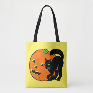 Vintage Halloween Decoration Black Cat Pumpkin Tote Bag