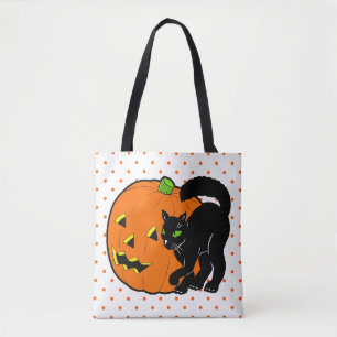 Vintage Halloween Decoration Black Cat Pumpkin Tote Bag