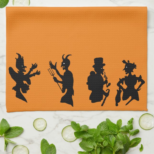 Vintage Halloween Demon Devil Silhouettes Kitchen Towel (Folded)