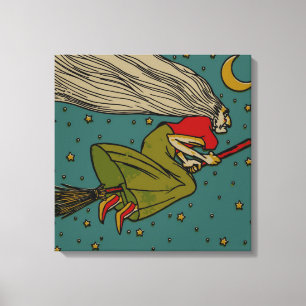 Vintage Halloween, Evil Witch Flying on Broomstick Canvas Print