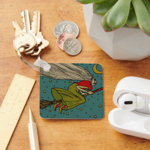 Vintage Halloween, Evil Witch Flying on Broomstick Keychain