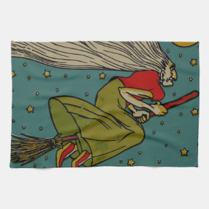 Vintage Halloween, Evil Witch Flying on Broomstick Kitchen Towel