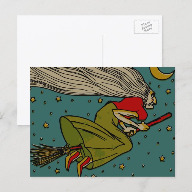 Vintage Halloween, Evil Witch Flying on Broomstick Postcard (Front/Back)