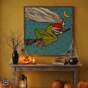 Vintage Halloween, Evil Witch Flying on Broomstick Poster