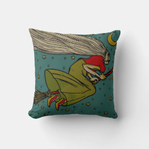 Vintage Halloween, Evil Witch Flying on Broomstick Throw Pillow