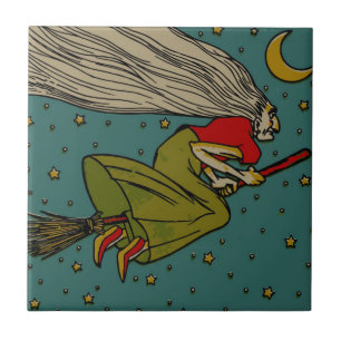 Vintage Halloween, Evil Witch Flying on Broomstick Tile