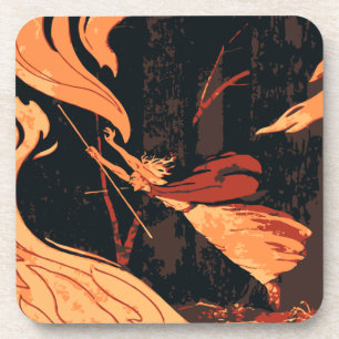 Vintage Halloween, Evil Witch with Fire in Forest Coaster