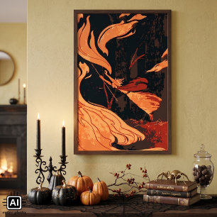 Vintage Halloween, Evil Witch with Fire in Forest Poster