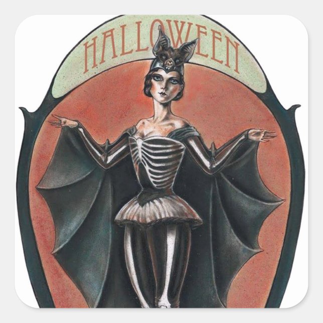 Vintage Halloween femme en costume autocollant (Devant)