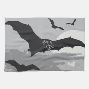 Vintage Halloween Flying Black Bats Kitchen Towel