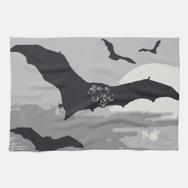 Vintage Halloween Flying Black Bats Kitchen Towel (Horizontal)