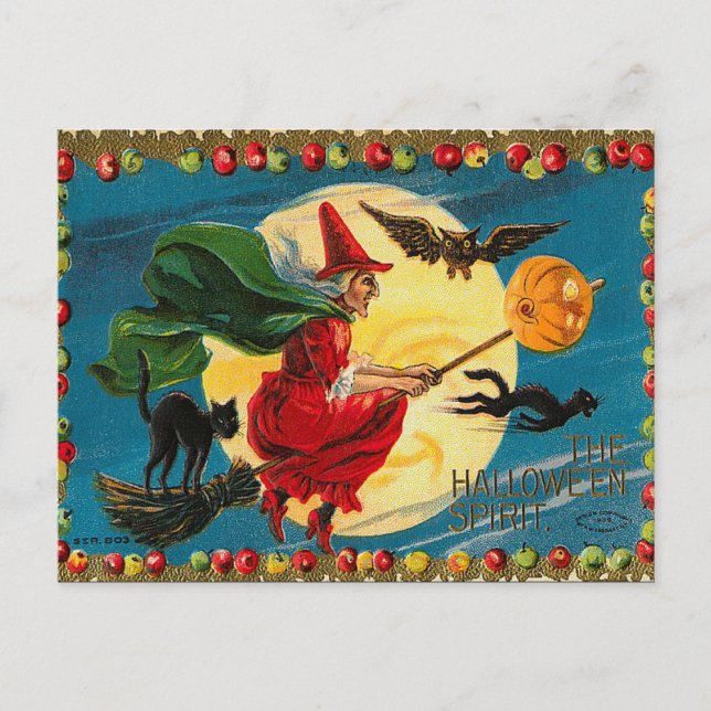 Vintage Halloween Flying Witch Postcard (Front)