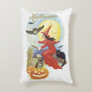 Vintage Halloween, Flying Witch with a Black Cat Accent Pillow