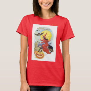 Vintage Halloween, Flying Witch with a Black Cat T-Shirt