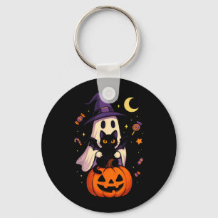 Vintage Halloween Ghost And Black Cat Graphic Keychain