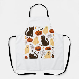 Vintage Halloween Ghost & Black Cat Pattern Classi Apron