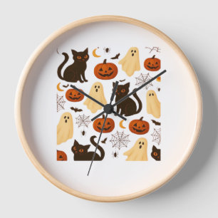 Vintage Halloween Ghost & Black Cat Pattern Classi Clock