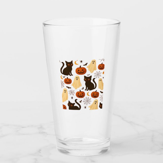 Vintage Halloween Ghost & Black Cat Pattern Classi Glass (Front)