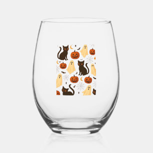 Vintage Halloween Ghost & Black Cat Pattern Classi Stemless Wine Glass