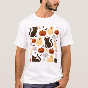 Vintage Halloween Ghost & Black Cat Pattern Classi T-Shirt