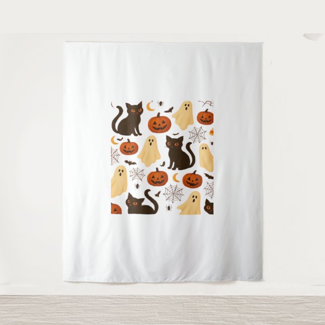 Vintage Halloween Ghost & Black Cat Pattern Classi Tapestry (Front)