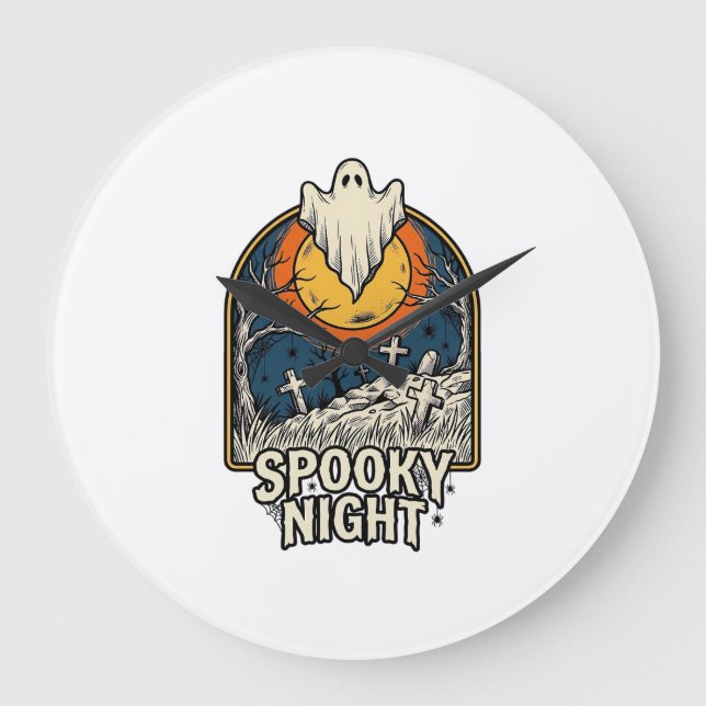 Vintage Halloween Ghost Graveyard Engraving Shirt_ Large Clock (Front)