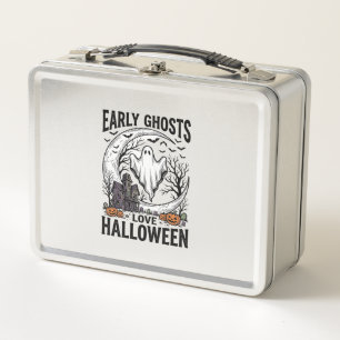 Vintage Halloween Ghost Haunted Moon Engraving Art Metal Lunch Box