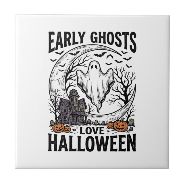 Vintage Halloween Ghost Haunted Moon Engraving Art Tile (Front)