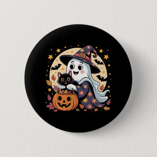 Vintage Halloween Ghost Holding Black Cat Groovy 2 Inch Round Button