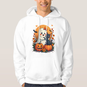 Vintage Halloween Ghost Holding Black Cat Groovy F Hoodie
