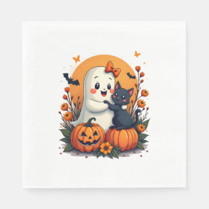 Vintage Halloween Ghost Holding Black Cat Groovy F Napkin
