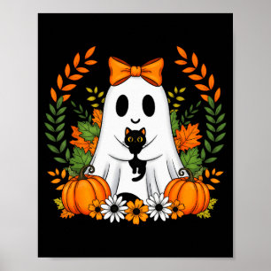 Vintage Halloween Ghost Holding Black Cat Groovy F Poster