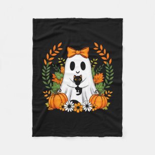 Vintage halloween ghost holding black cat groovy fleece blanket