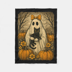 Vintage Halloween Ghost Holding Black Kitten Cat Fleece Blanket