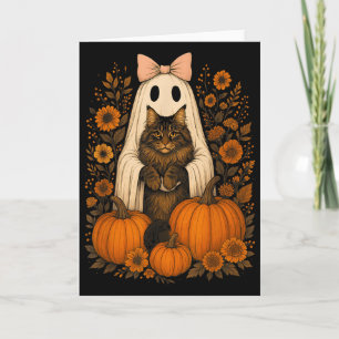 Vintage Halloween Ghost Holding Maine Coon Cat Card
