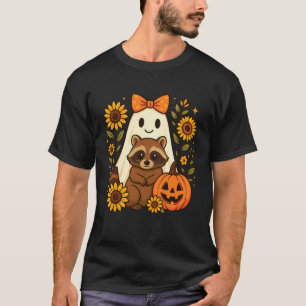 Vintage Halloween Ghost Holding Raccoon Groovy Flo T-Shirt