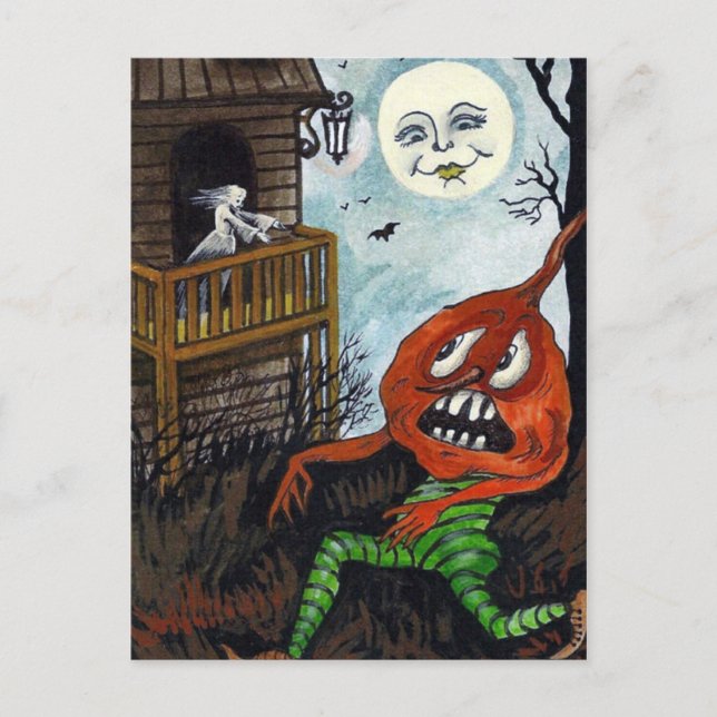 Vintage Halloween ghost pumpkin moon postcard (Front)