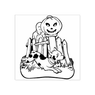 Vintage Halloween Ghost with Dog & Pumpkin Rubber Stamp