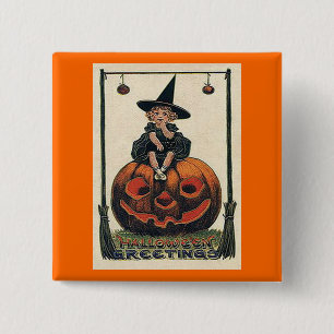 Vintage Halloween Girl on Jack o'Lantern 2 Inch Square Button