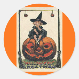 Vintage Halloween Girl on Jack o'Lantern Classic Round Sticker