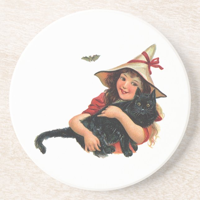 Vintage Halloween, Girl Witch with Black Cat Coaster (Front)