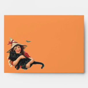 Vintage Halloween, Girl Witch with Black Cat Envelopes