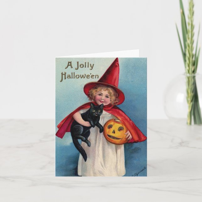 Vintage Halloween Girl With Black Cat Card (Front)