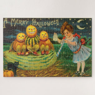 Vintage Halloween Girl with Pumpkins Jigsaw Puzzle