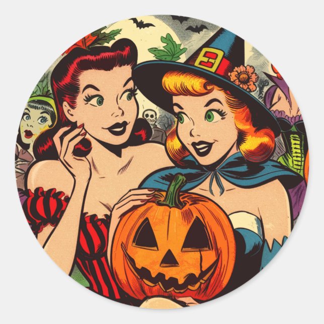 Vintage Halloween Girls Comics Classic Round Sticker (Front)