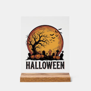 Vintage Halloween Graveyard Bat Moon Art_1 Acrylic Sign