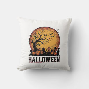 Vintage Halloween Graveyard Bat Moon Art_1 Throw Pillow