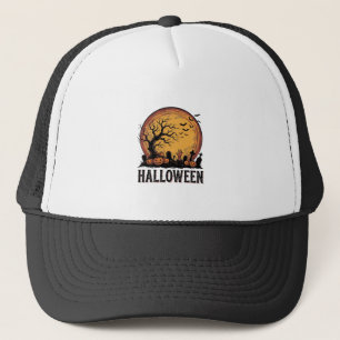 Vintage Halloween Graveyard Bat Moon Art_1 Trucker Hat